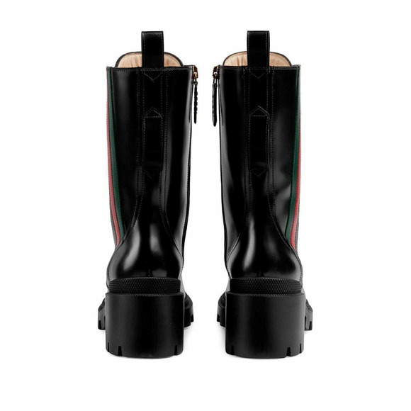 Gucci Trip Black Leather Red Green Web Stripe Mid Calf Block Heel Combat Boot 35 - Picture 10 of 12